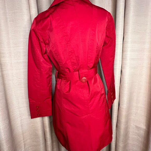 Ambition Red Trench Coat Medium Belted Double Breasted Fashion Chic Raincoat - Picture 2 of 16